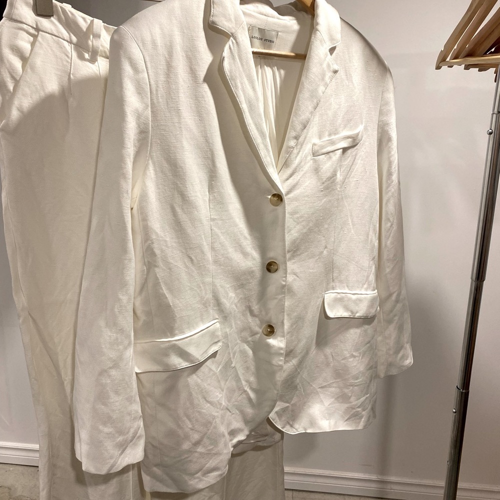 White linen blend suit by Lou Lou Studio, blazer size M, pants size L